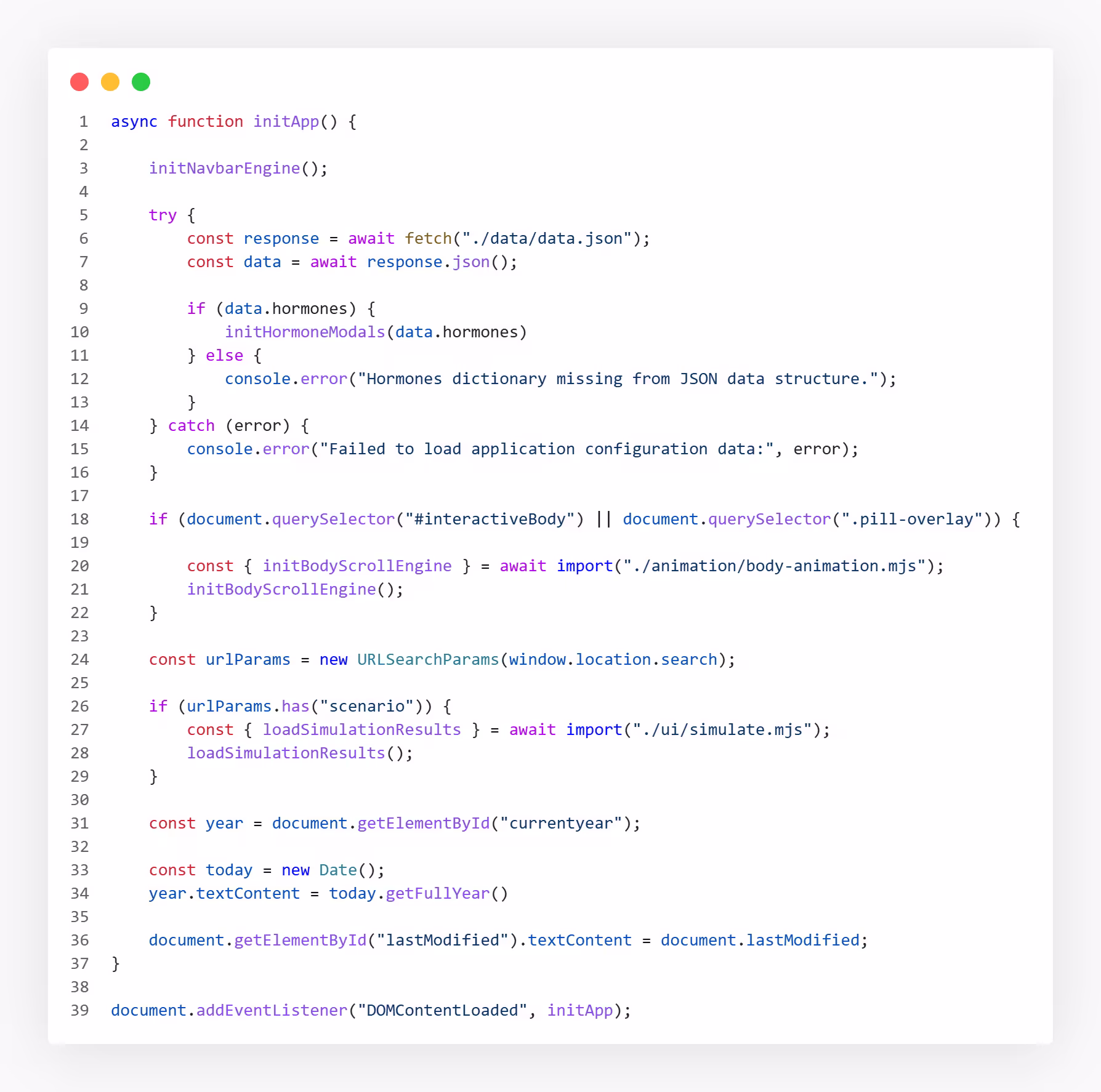 Syntax-highlighted light-mode JavaScript app initialization