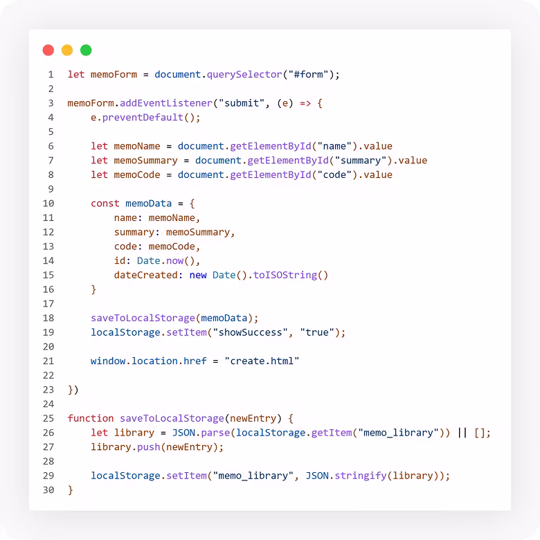 Syntax-highlighted light-mode JavaScript routine managing local storage data mapping