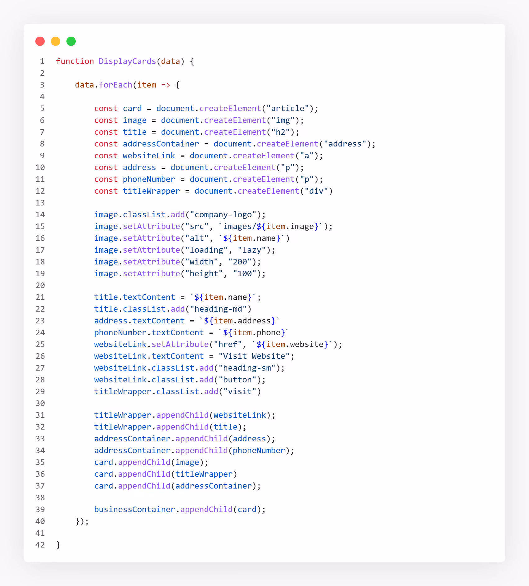 Syntax-highlighted light-mode JavaScript managing the company card display.